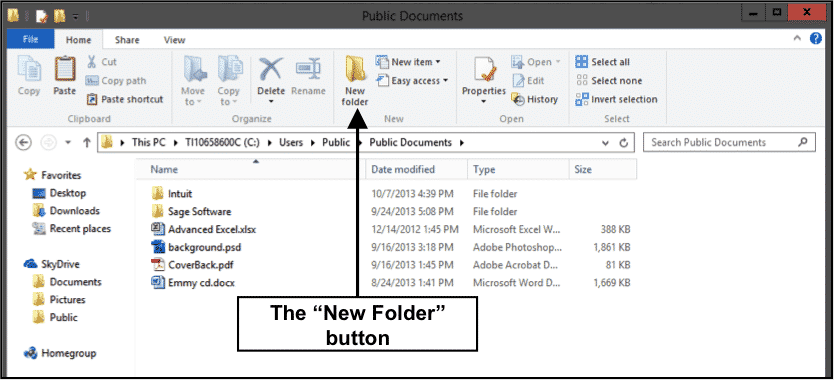 Create a New Folder in Windows 8- Tutorial: A picture of the "New Folder" button in the "New" button group on the "Home" tab in the Ribbon in "File Explorer" within Windows 8.1.