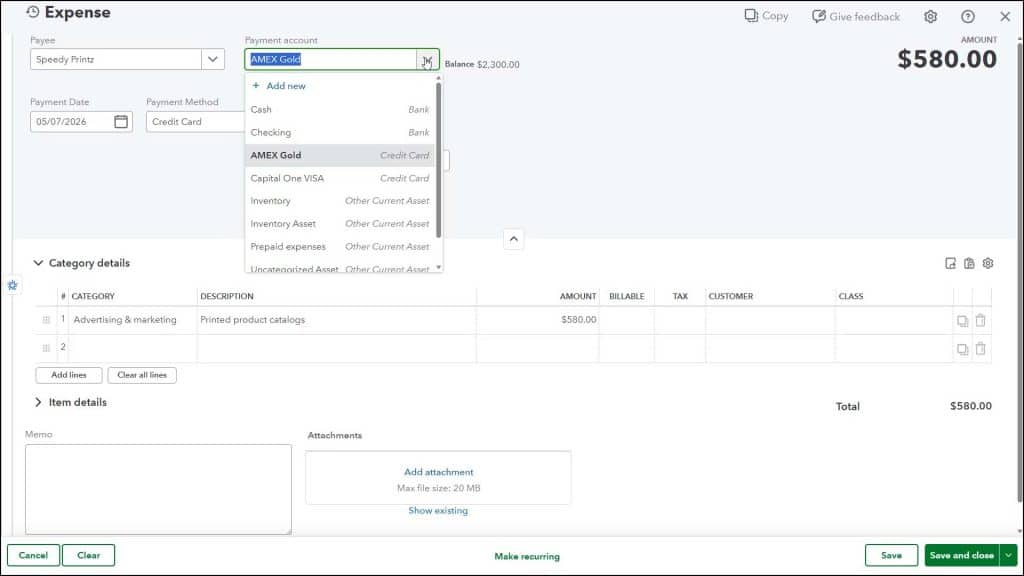 A picture showing how to enter credit card charges in QuickBooks Online when using the “Expense” window.