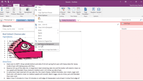 Set a Picture as a Background in OneNote - Tutorial: A picture of a user setting a background image in a page in OneNote 2016.