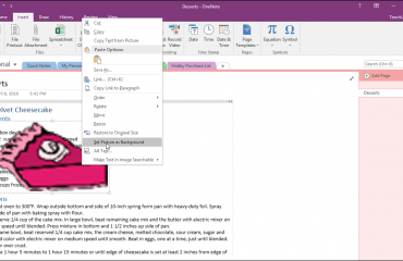 Set a Picture as a Background in OneNote - Tutorial: A picture of a user setting a background image in a page in OneNote 2016.