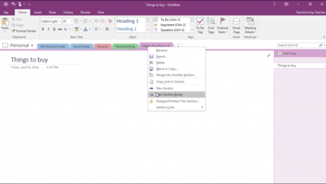 Section Groups in OneNote - Tutorial: A picture of a user creating a Section Group in OneNote 2016.