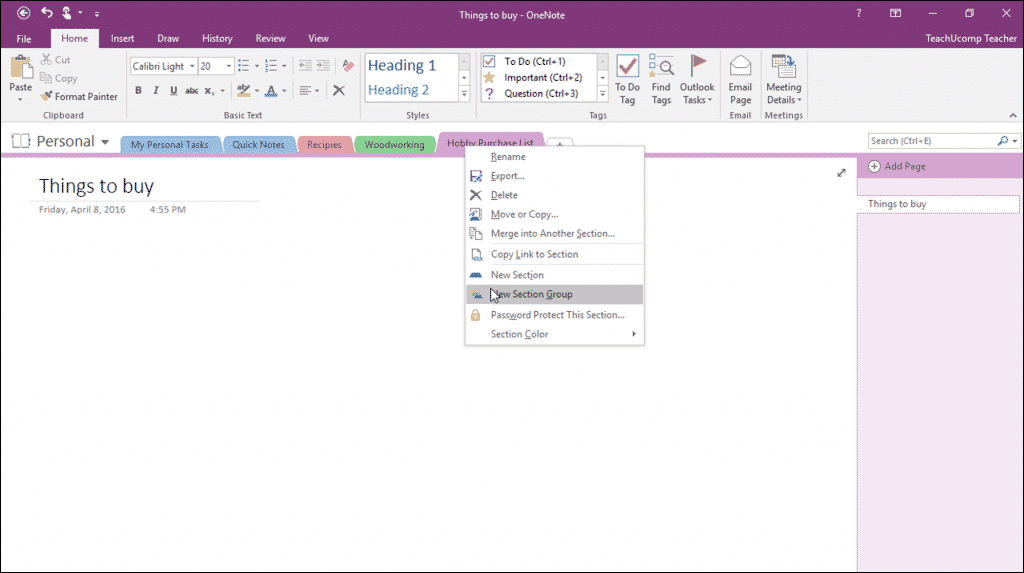 Section Groups in OneNote - Tutorial: A picture of a user creating a Section Group in OneNote 2016.
