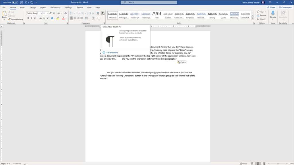 Show Non-Printing Characters in Word - Instructions: A picture of a document after showing the non-printing characters in Microsoft Word.