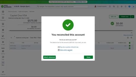 blog-5-19-2025-reconcileandpaycreditcardsinquickbooksonline A picture of the “You reconciled this account” window showing its credit card payment options that let you easily reconcile and pay credit cards in QuickBooks Online.