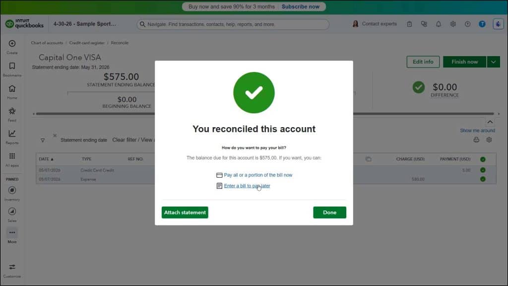 A picture of the “You reconciled this account” window showing its credit card payment options that let you easily reconcile and pay credit cards in QuickBooks Online.