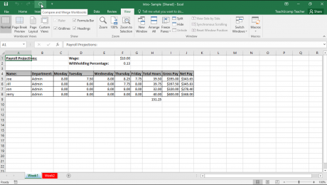 Merge Changes in Copies of Shared Workbooks in Excel: A picture of a user clicking the “Compare and Merge Workbooks” button that has been added to the Quick Access toolbar in Excel.