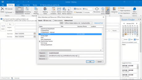 Plan a Meeting in Outlook - Instructions and Video Lesson: A picture of a user selecting meeting attendees in Outlook.