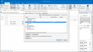 Plan a Meeting in Outlook - Instructions and Video Lesson: A picture of a user selecting meeting attendees in Outlook.
