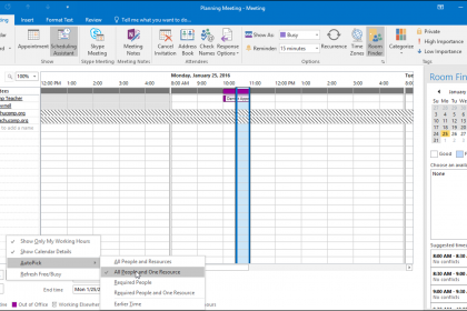 Plan a Meeting in Outlook - Instructions and Video Lesson: A picture of a user selecting a meeting time using the AutoPick feature in Outlook.