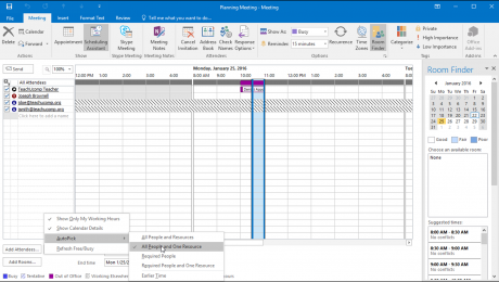 Plan a Meeting in Outlook - Instructions and Video Lesson: A picture of a user selecting a meeting time using the AutoPick feature in Outlook.