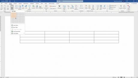 Create Tables in Word - Instructions: A picture of a user creating tables in Word by using the grid in the “Table” button’s drop-down menu.