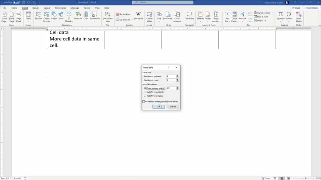 Create Tables in Word - Instructions: A picture of a user creating tables in Word by using the “Insert Table” dialog box.
