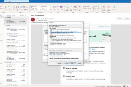 Create a Mailbox Rule in Outlook - Instructions: A picture of a user editing the hyperlink values within a rule template in the “Rules Wizard” in Outlook.