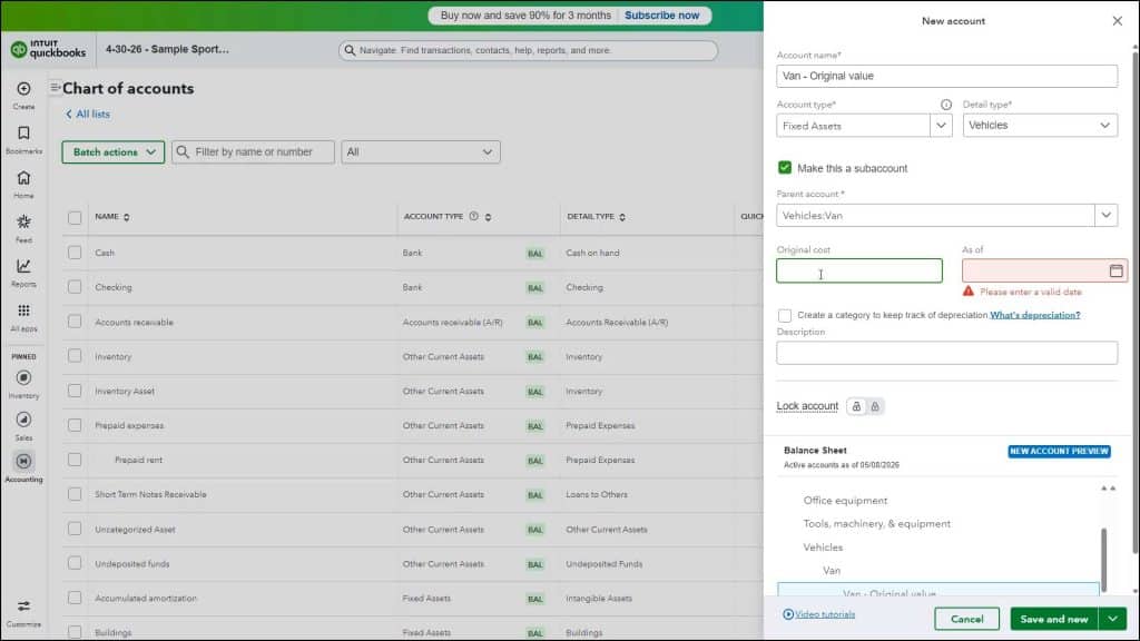 A picture showing how to create Fixed Assets accounts in QuickBooks Online.