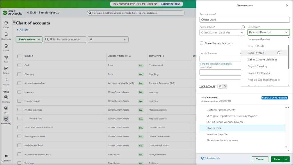 A picture showing how to create liability accounts in QuickBooks Online.
