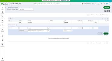 blog-5-29-2026-howtosettheoriginalcostofafixedassetinquickbooksonline A picture showing how to set the original cost of a fixed asset in QuickBooks Online by recording an entry within an associated long term liabilities account register.