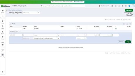 blog-5-29-2026-howtosettheoriginalcostofafixedassetinquickbooksonline A picture showing how to set the original cost of a fixed asset in QuickBooks Online by recording an entry within an associated long term liabilities account register.