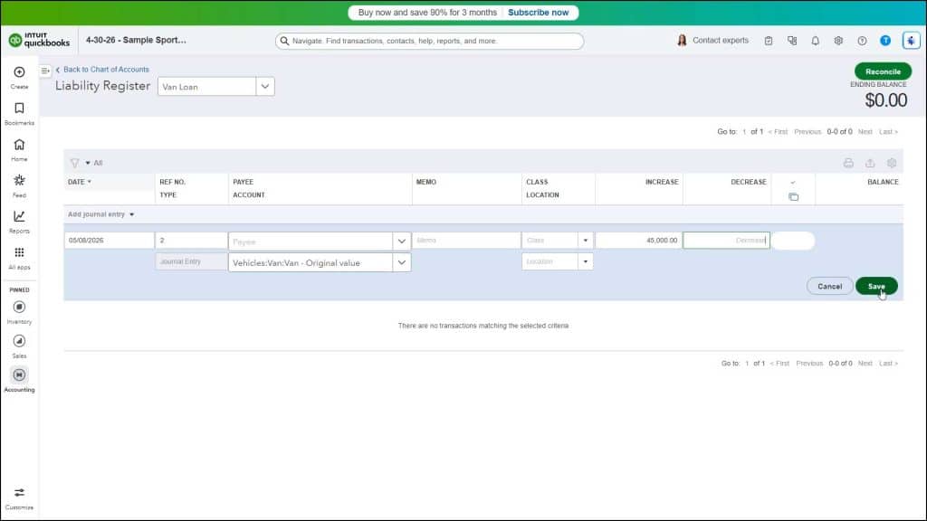 A picture showing how to set the original cost of a fixed asset in QuickBooks Online by recording an entry within an associated long term liabilities account register.