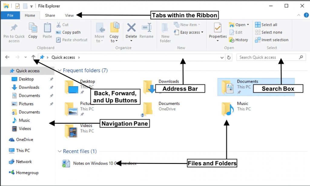File Explorer in Windows 10 - Instructions: A picture of the File Explorer window within Windows 10.