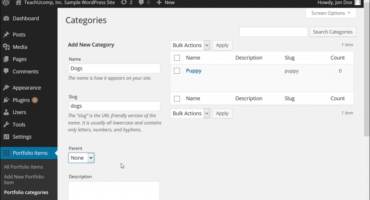 Portfolio Categories in WordPress - Tutorial: A picture of a user creating a new portfolio category in WordPress.