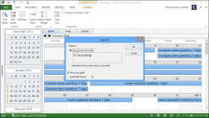 Calendar View in Microsoft Project - Tutorial: A picture of the "Layout" dialog box within the Calendar view of a project file in Project 2013.