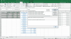 Add Excel Tables to a Data Model in Excel 2016- Instructions: A picture of the “Workbook Connections” dialog box in Excel, showing references to Excel tables in the data model.