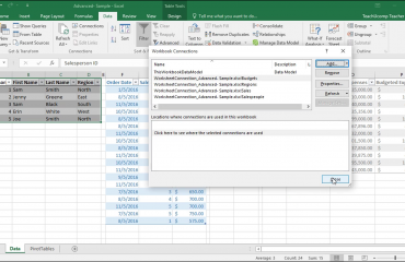 Add Excel Tables to a Data Model in Excel 2016- Instructions: A picture of the “Workbook Connections” dialog box in Excel, showing references to Excel tables in the data model.