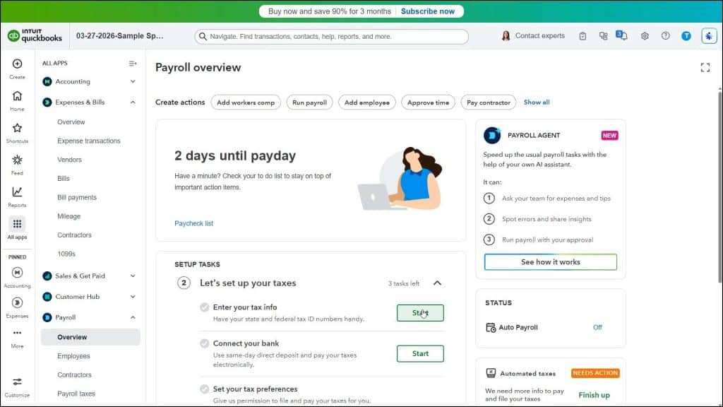 A picture showing how to restart the process to set up payroll in QuickBooks Online if you stop during the initial payroll setup process.