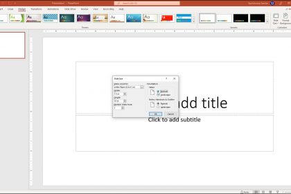 A picture showing how to change the size of slides in PowerPoint by using the “Slide Size” dialog box.