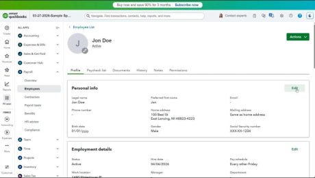 A picture showing how to edit employee information in QuickBooks Online if you subscribe to a QuickBooks payroll service.