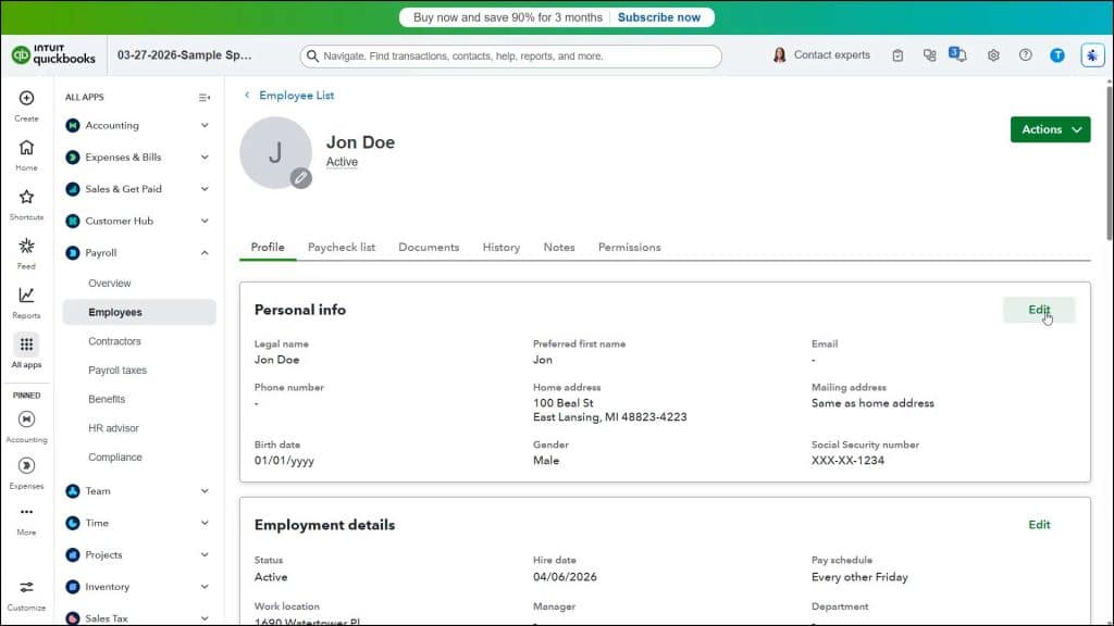 A picture showing how to edit employee information in QuickBooks Online if you subscribe to a QuickBooks payroll service.