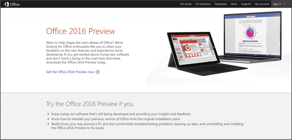 Microsoft Office 2016 Public Preview Released: A picture of the Microsoft Office 2016 Public Preview webpage. (Source: Microsoft)