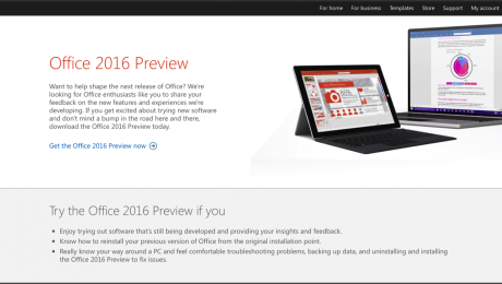 Microsoft Office 2016 Public Preview Released: A picture of the Microsoft Office 2016 Public Preview webpage. (Source: Microsoft)