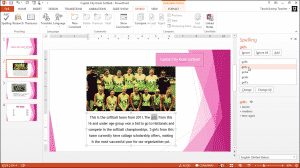 Spell Check in Power Point - Tutorial: A picture of a user running the "Spelling" tool in PowerPoint 2013.
