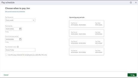 A picture showing how to create pay schedules in QuickBooks Online.