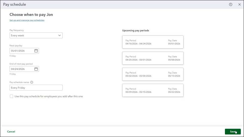 A picture showing how to create pay schedules in QuickBooks Online.