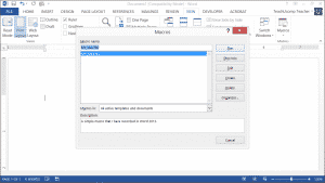 Run a Macro in Word- Tutorial: A picture of the "Macros" dialog box in Word 2013.