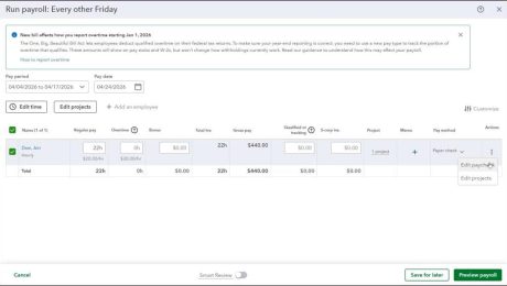 A picture showing how to run a scheduled payroll in QuickBooks Online.