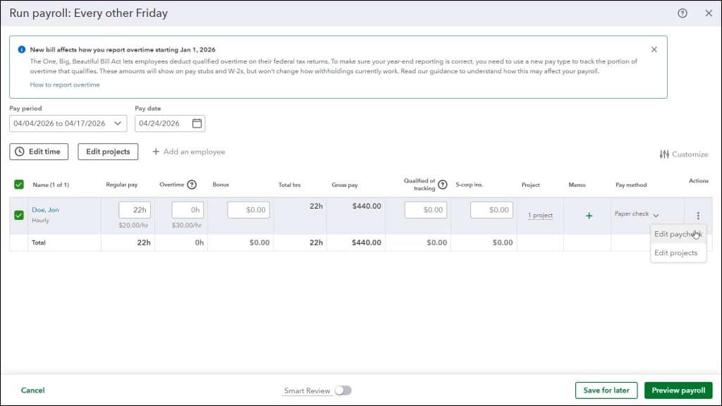 A picture showing how to run a scheduled payroll in QuickBooks Online.