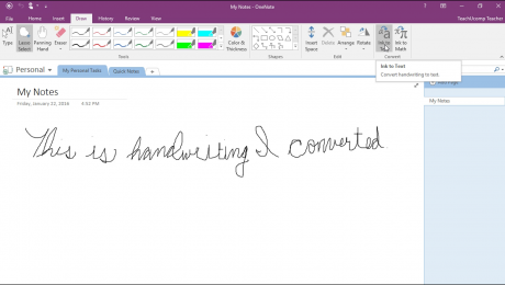 Convert Handwriting to Text in OneNote - Instructions: A picture of a user converting handwriting to text in OneNote.