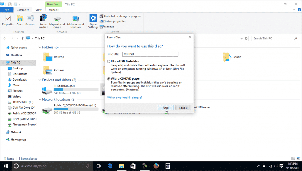 Brucia un CD o un DVD in Windows 10 - Istruzioni: un'immagine della finestra 