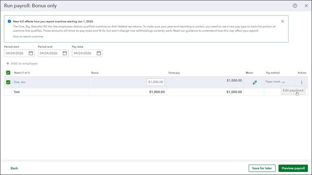 A picture showing how to create a commission or bonus paycheck in QuickBooks Online.