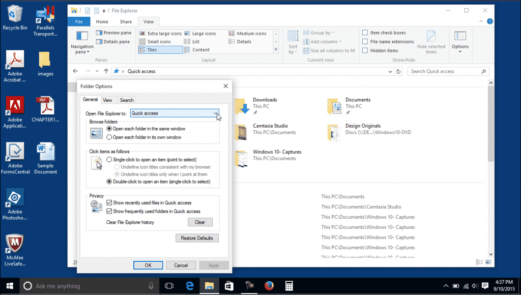 Quick Access in Windows 10 - Tutorial: A picture of the "Folder Options" dialog box for a File Explorer window in Windows 10.