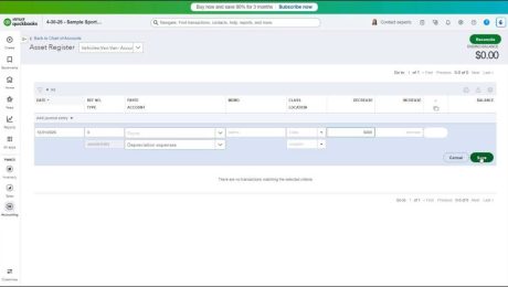 blog-6-1-2026-howtorecorddepreciationforafixedassetinquickbooksonline A picture showing how to record depreciation for a fixed asset in QuickBooks Online by making an entry within an account register.