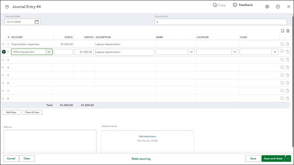 A picture showing how to make a general journal entry in QuickBooks Online.