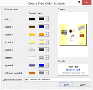 Custom Color Schemes in Publisher- Tutorial: A picture of the "Create New Color Scheme" dialog box in Publisher.