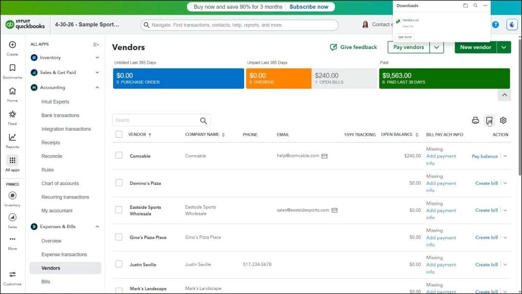 A picture showing how to export report and list data in QuickBooks Online by showing an example of exporting the Vendors list.