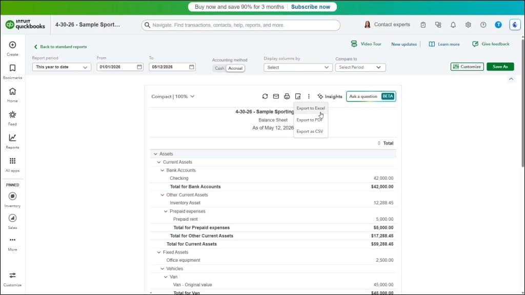 A picture showing how to export report and list data in QuickBooks Online by showing an example of exporting the Balance Sheet report.