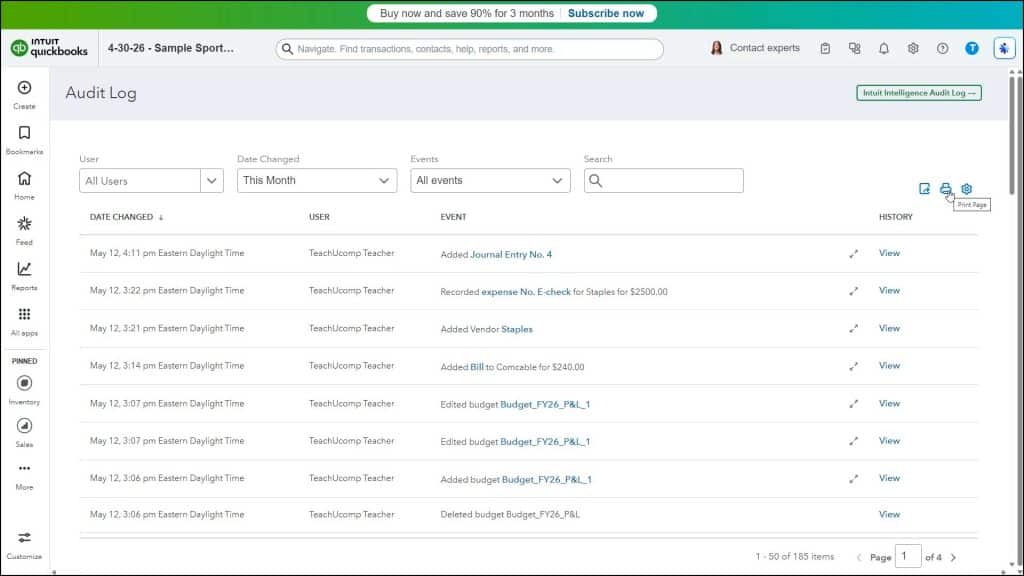 A picture showing how to print the audit log in QuickBooks Online.