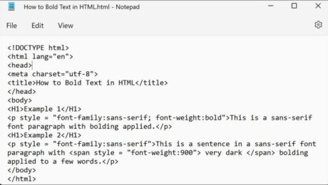 A picture showing how to bold text in HTML using an inline CSS style.